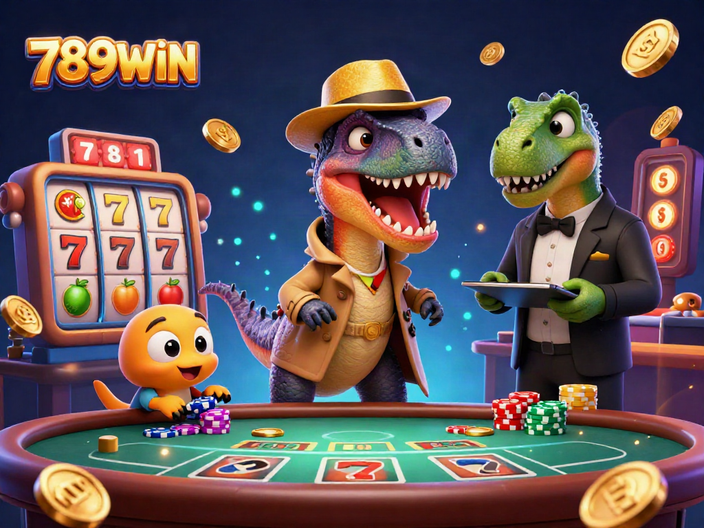 Experience the thrill of 789WIN at a blackjack table with a clever velociraptor, a pit boss stegosaurus, and casino chips in action.