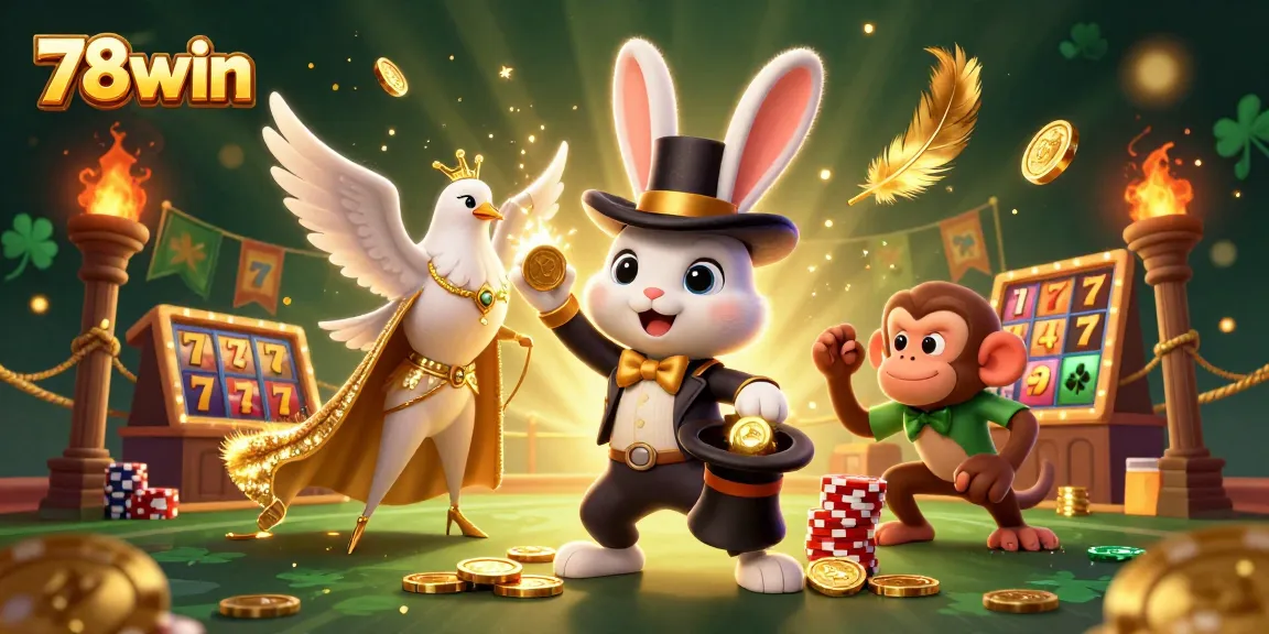 Experience thrilling 78win moments with a magician rabbit, coins, and dynamic casino elements.