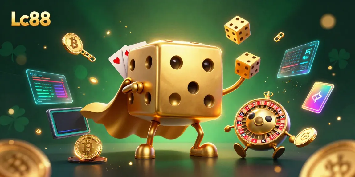 Play casino games at Lc88 with a vibrant 3D illustration featuring a whimsical dice golem and crypto elements.