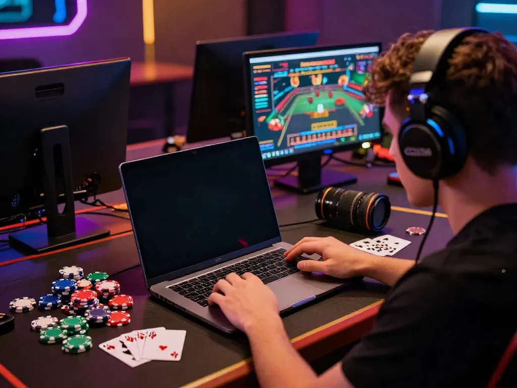 Player engaged in non gamstop casinos gaming experience with laptop and vibrant lighting