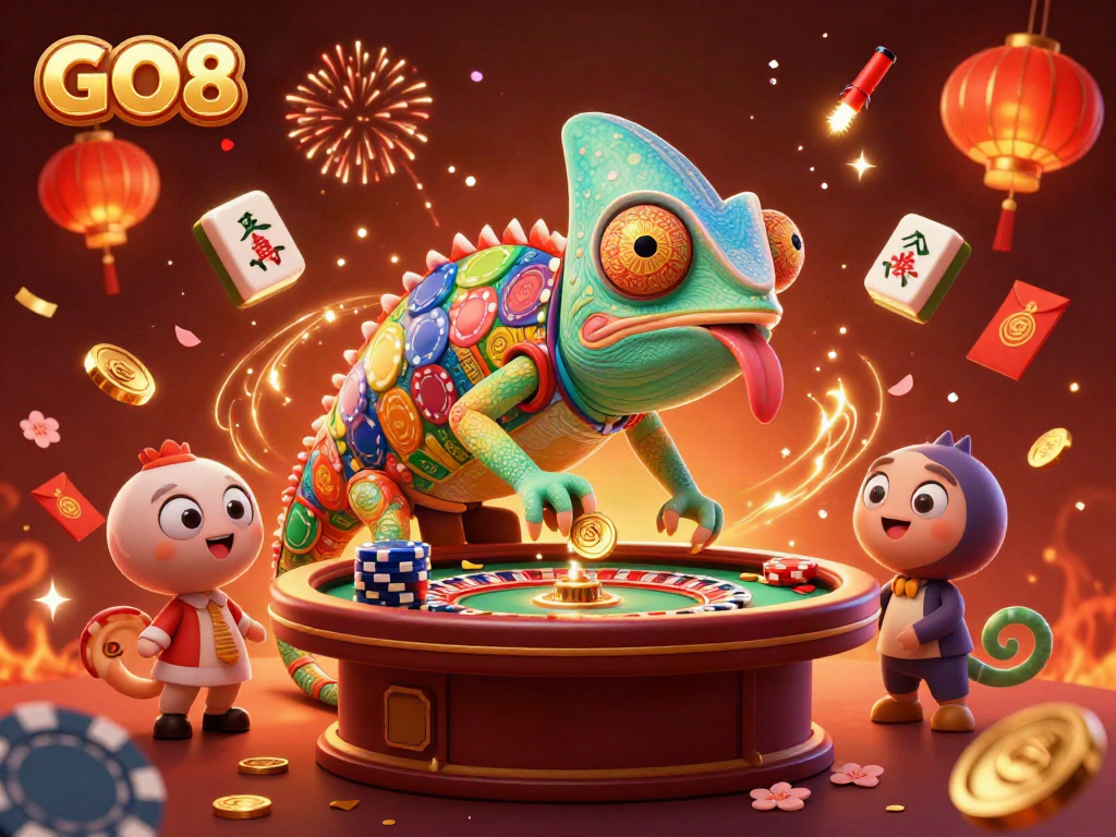 Experience the vibrant excitement of GO8 casino with animated chameleon, poker chips, and festive elements.