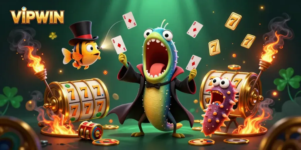 Experience the magic of VIPWIN with a bioluminescent gulper eel performing casino tricks surrounded by golden jackpots.