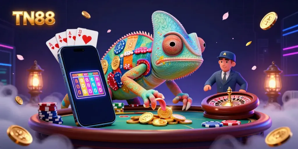 Experience TN88's vibrant casino atmosphere with a colorful chameleon owner and exciting gaming elements.