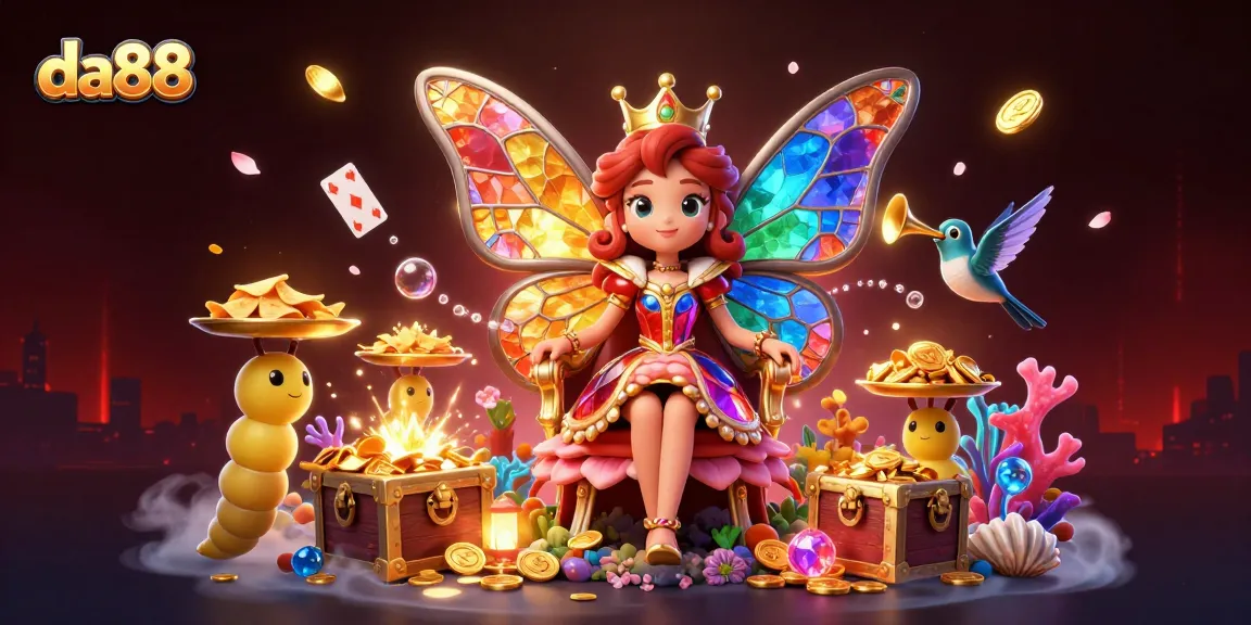 Engage in thrilling gameplay at da88 with vibrant casino-themed elements and a butterfly queen illustration.