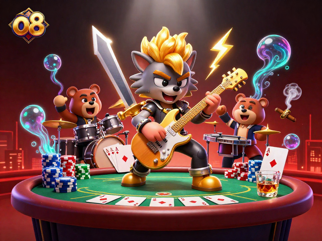 Experience the thrilling world of o8 casino with a rock star wolf and drummer bear surrounded by poker excitement.