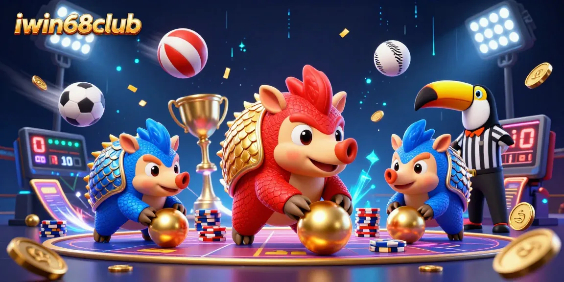 Experience thrilling competition at iwin68club with pangolins bowling through poker chips in this vibrant casino scene.