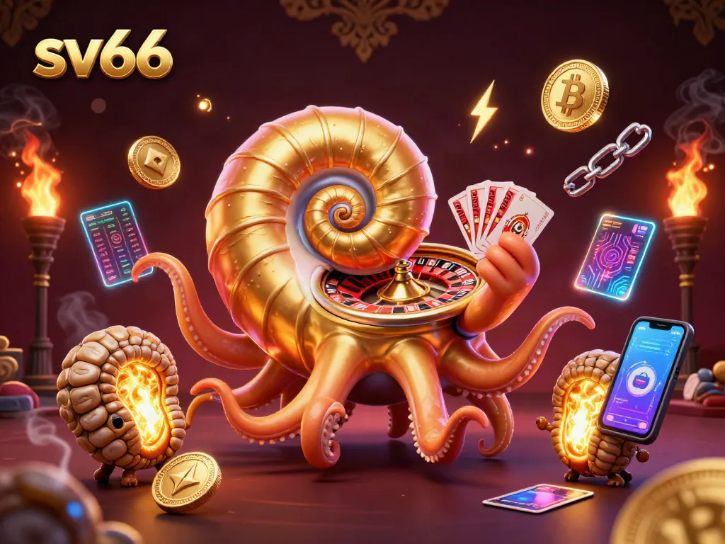 Engage in dynamic gameplay with sv66, featuring a glowing nautilus roulette wheel and crypto elements.
