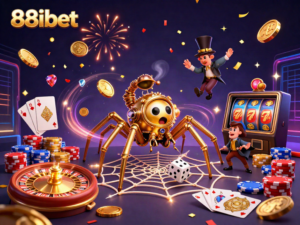 Experience thrilling adventures with 88ibet's dynamic casino scene featuring rich illustrations of gaming elements.