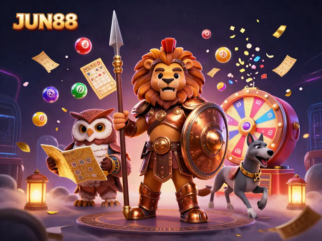 Engage in thrilling gameplay at JUN88 with vibrant lottery balls and an ultra-detailed 3D casino scene.
