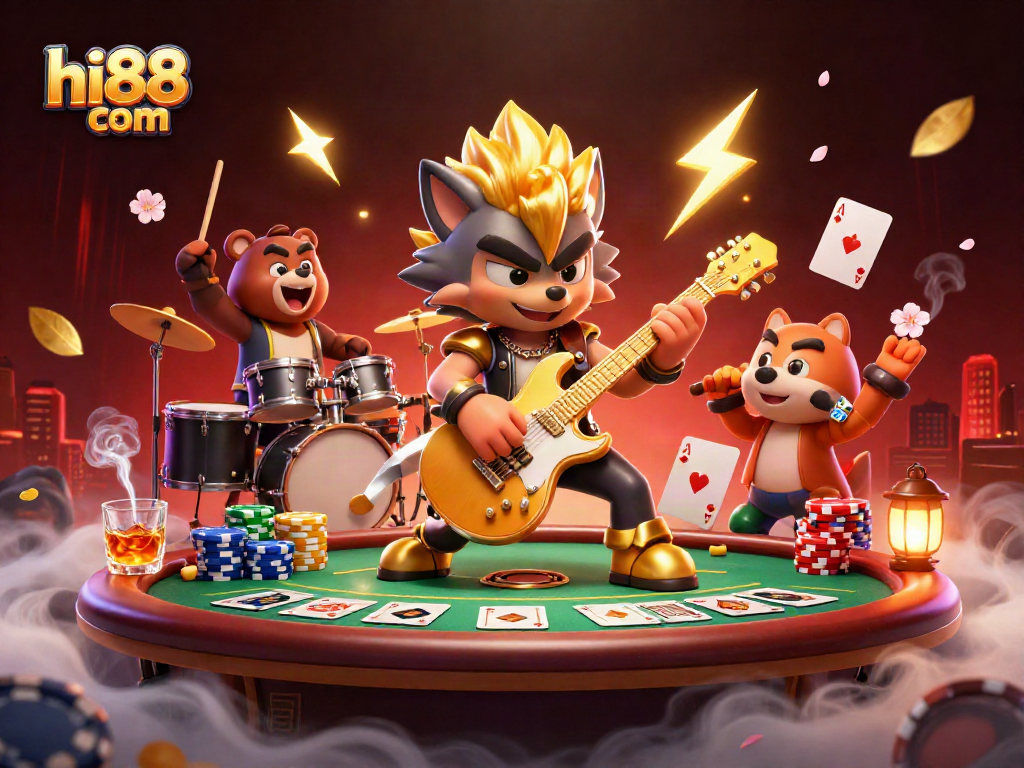 Engage with the vibrant energy of hi88 com, where a rock star wolf and drummer bear elevate the gaming scene.
