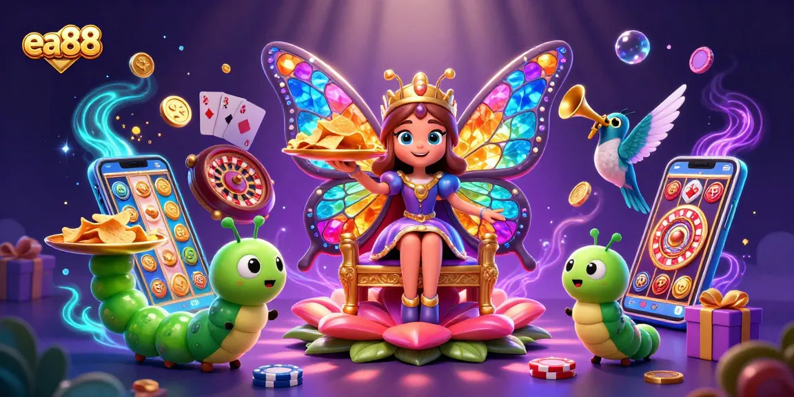 Experience the enchanting world of ea88 through a vibrant 3D casino illustration with colorful characters and gaming elements.