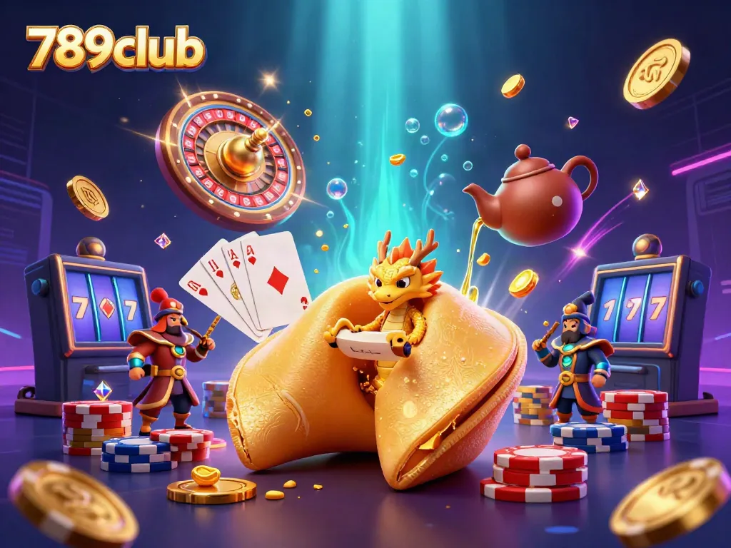 Experience gaming excitement with 789club's dynamic casino illustration featuring golden cookie and characters amidst coins.