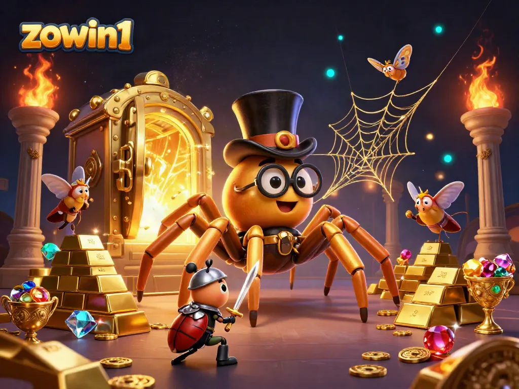 Experience thrilling gaming at zowin1 with golden treasures and cartoon characters in an exciting casino scene.