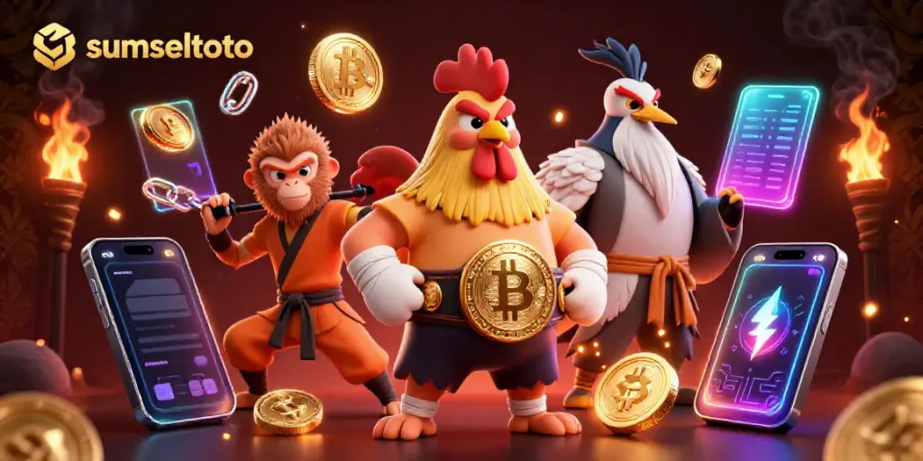 Exciting sumseltoto action illustration featuring a fighting rooster and martial artists in a vibrant casino setting.