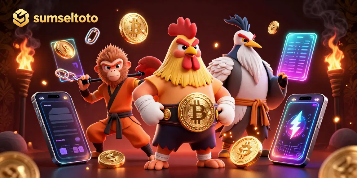 Exciting sumseltoto action illustration featuring a fighting rooster and martial artists in a vibrant casino setting.