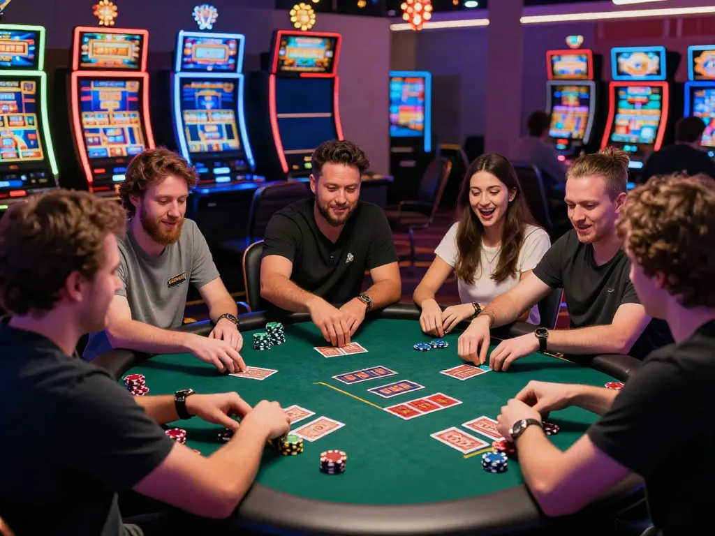 Players enjoying card games at non GamStop casinos with vibrant lighting.