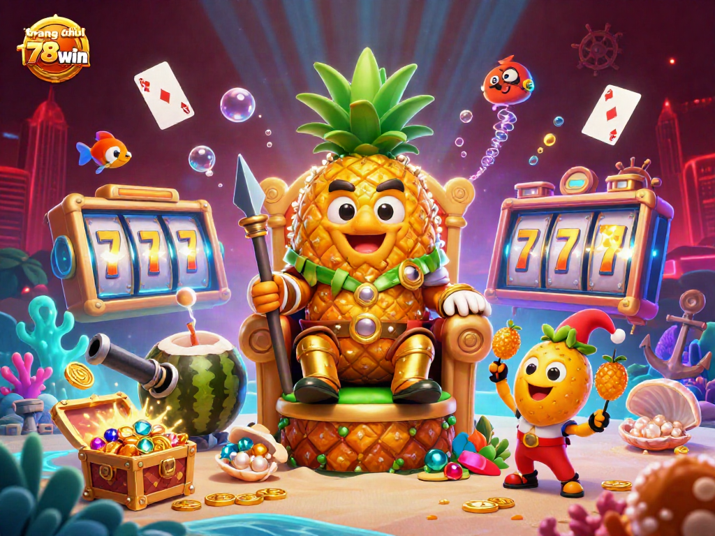 Experience the vibrant beach casino scene with the golden pineapple king on trang chủ 78win, vibrant colors, and casino elements.