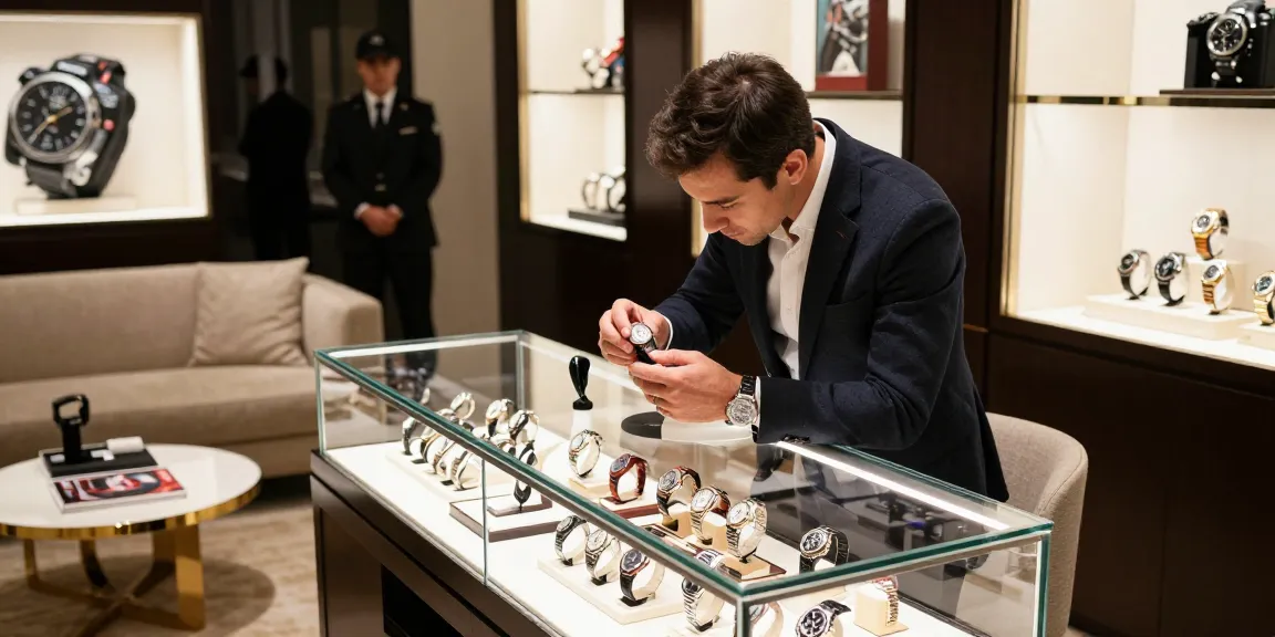 Gleaming collection of replica watches on display in an upscale retail setting.