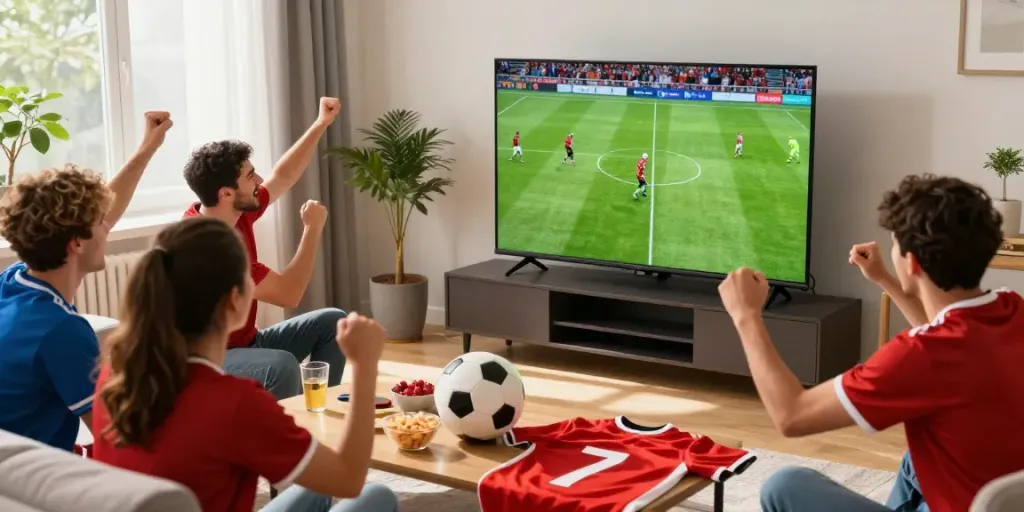 Xoilactv football streaming scene with fans enjoying a match in HD.
