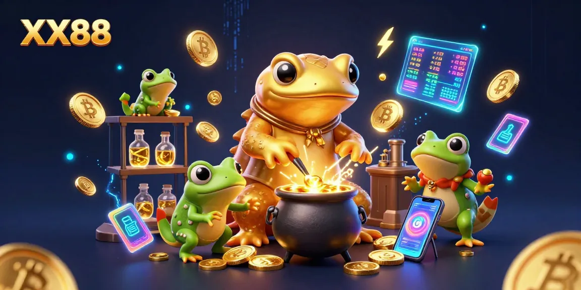 Experience the excitement of XX88 with a 3D scene of magical creatures conjuring gold coins in a vibrant casino.