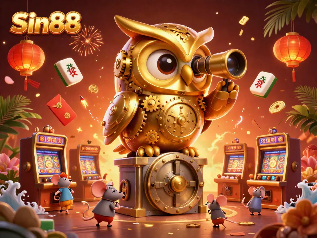 Spin the reels and win big at Sin88, featuring a vibrant casino scene with a golden owl and playful mice.