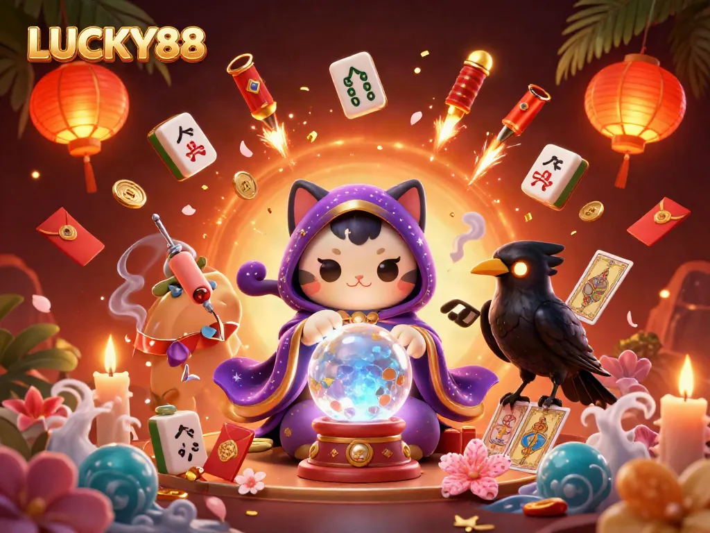 LUCKY88 fortune teller cat and tarot raven casting spells in a bustling casino scene