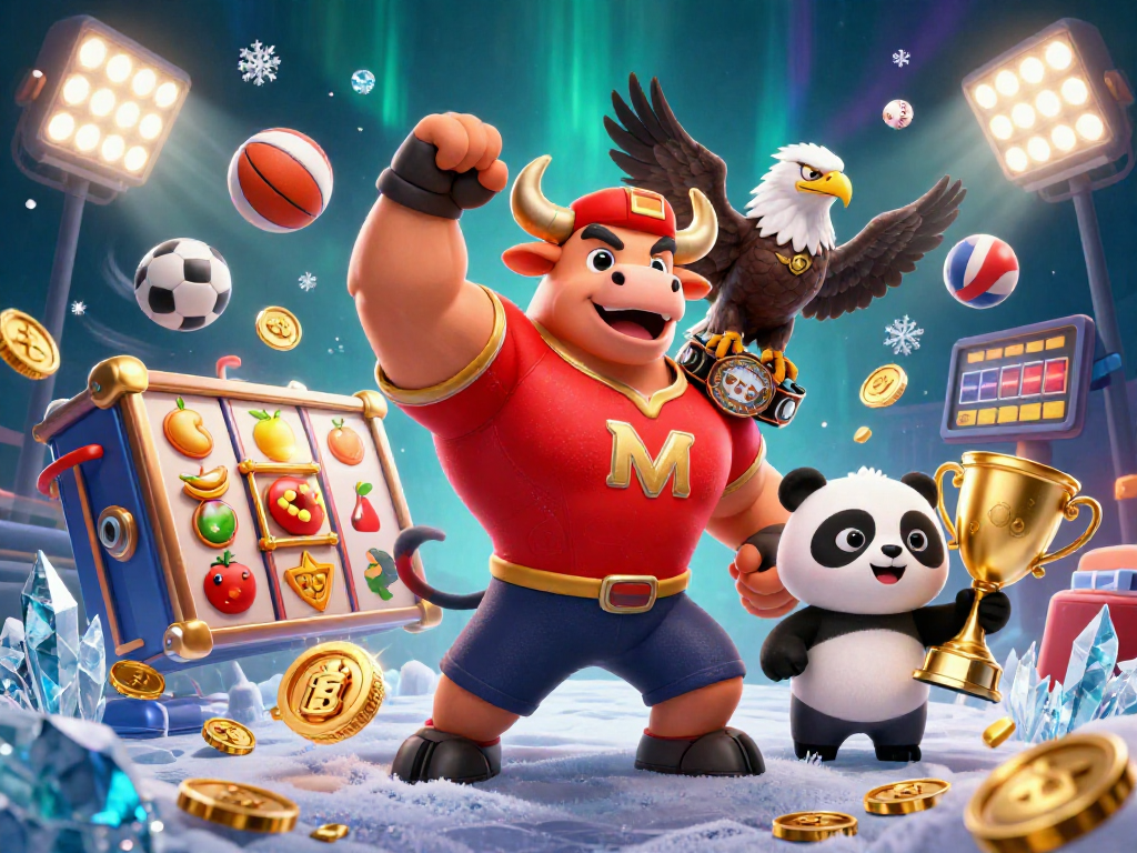Win big with sunwin20 as the bull mascot celebrates alongside an eagle and panda in a vibrant casino scene.