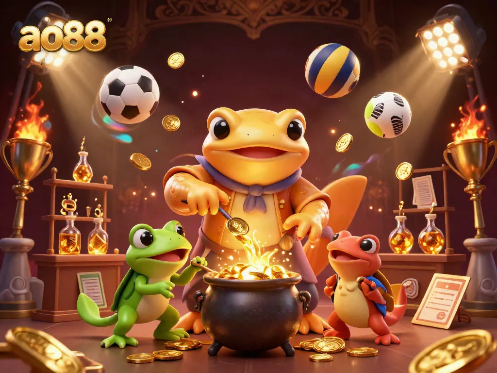 Engage with the dynamic world of ao88 as a golden salamander alchemist and frog apprentice create wealth in a lively casino setting.