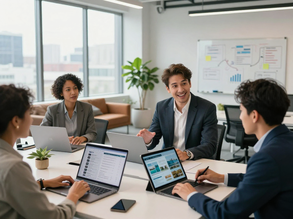 Innovative real estate team collaborating with IDXSTAR listings in a modern office.