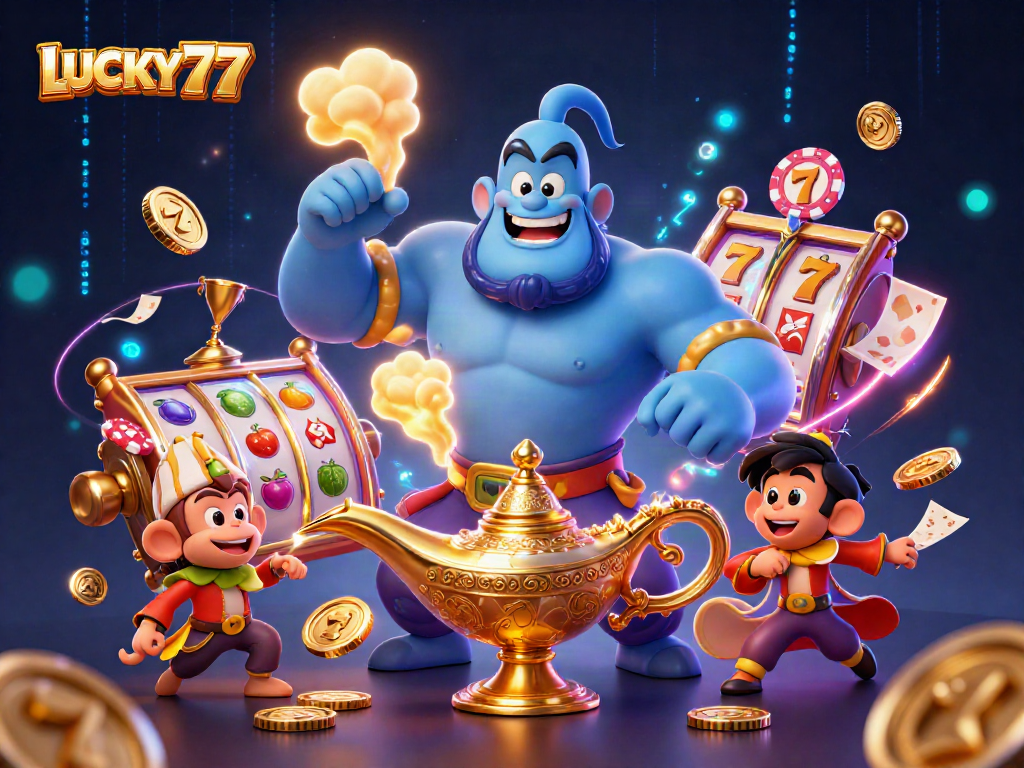 Engage in LUCKY77 slot excitement with a dynamic scene of genie, monkey, and poker chips!