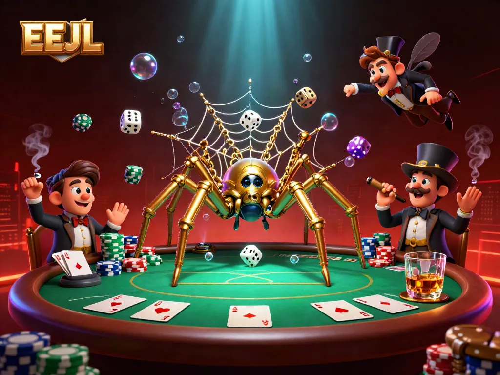 Visualize the excitement of EEJL casino gaming with golden spider and Victorian gentleman in this colorful 3D illustration.