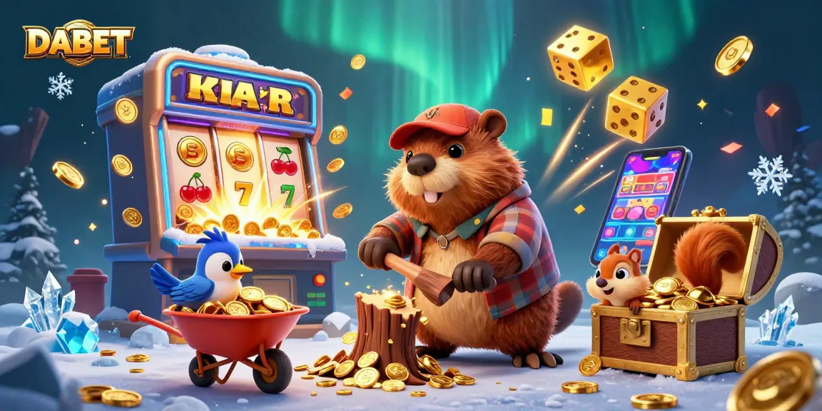 DABET casino adventure featuring a beaver, bird, and squirrel celebrating jackpot with coins.