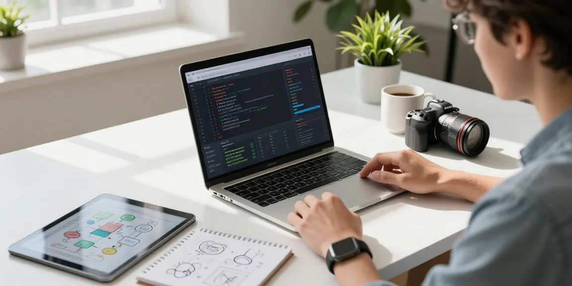Person building internal tools with AI at a modern workspace with laptop and flowcharts.