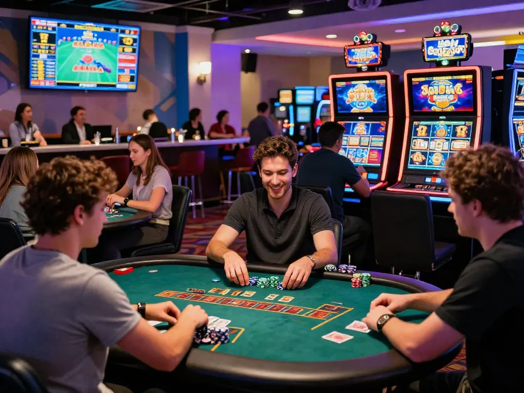 Players enjoying various games at non GamStop casinos in a lively atmosphere, with colorful lighting and modern décor.