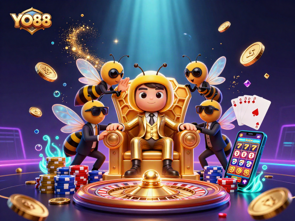 Experience the vibrant YO88 casino adventure with dynamic gaming elements and cartoon characters.