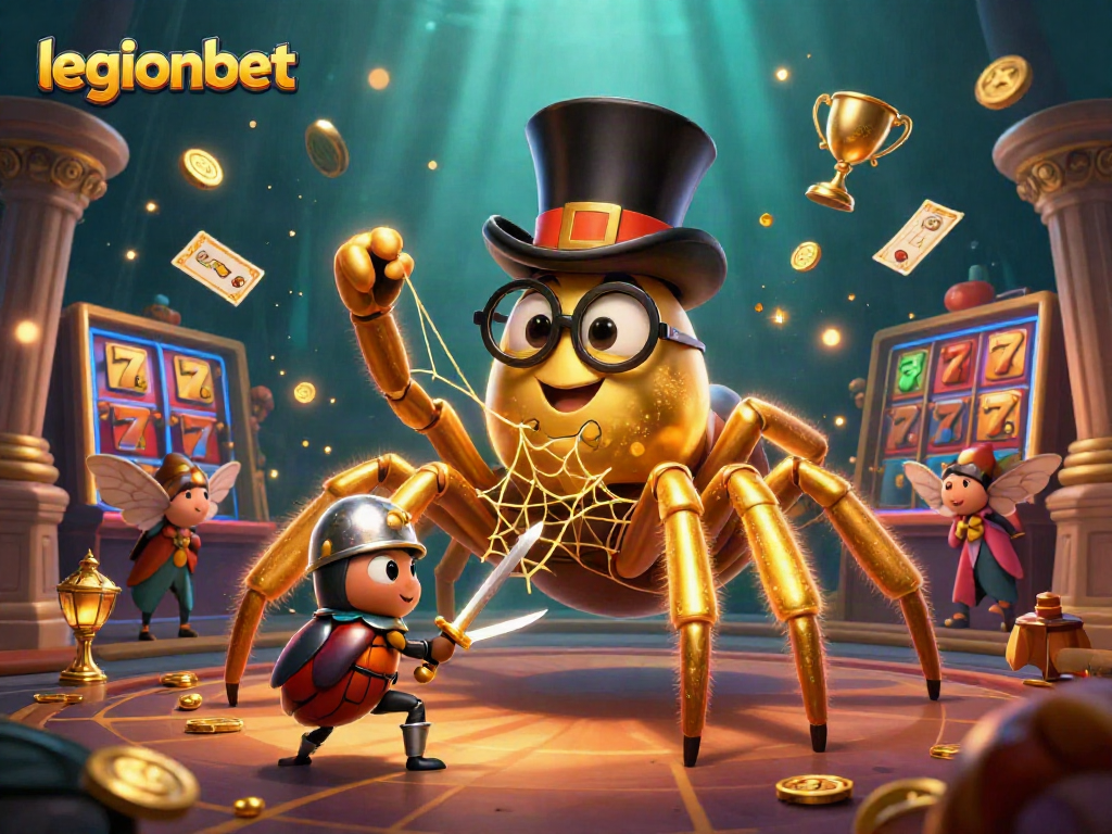 Spin and win with legionbet at this vibrant slots casino illustration featuring dynamic characters and elements.