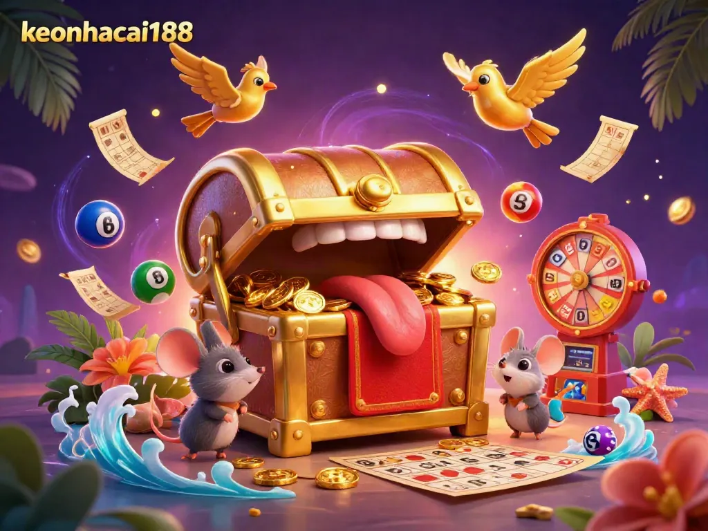 Engage with keonhacai188's dynamic gambling scene featuring a golden treasure chest and playful elements.