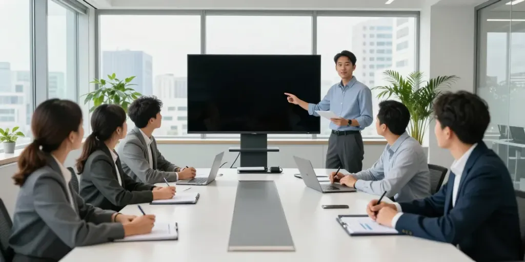 Team collaborating in a professional office to discuss how to visit the website and improve online presence.