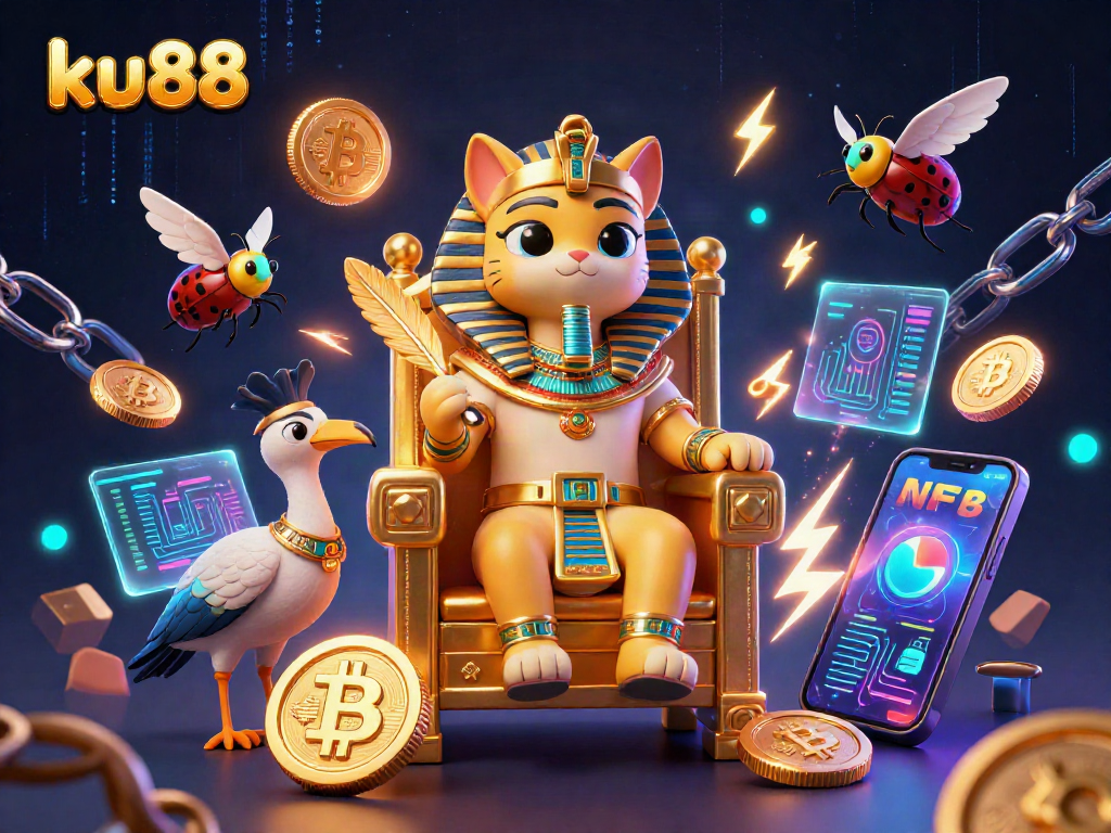 Engage with ku88's vibrant pharaoh-themed crypto casino illustration showcasing dynamic gaming elements.