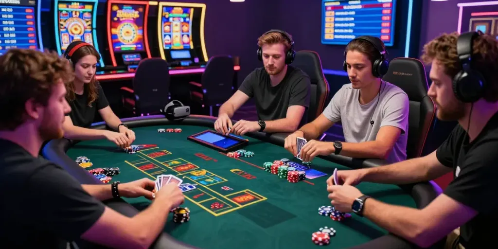 Exciting gaming environment at non GamStop casinos with players engaged in various games.