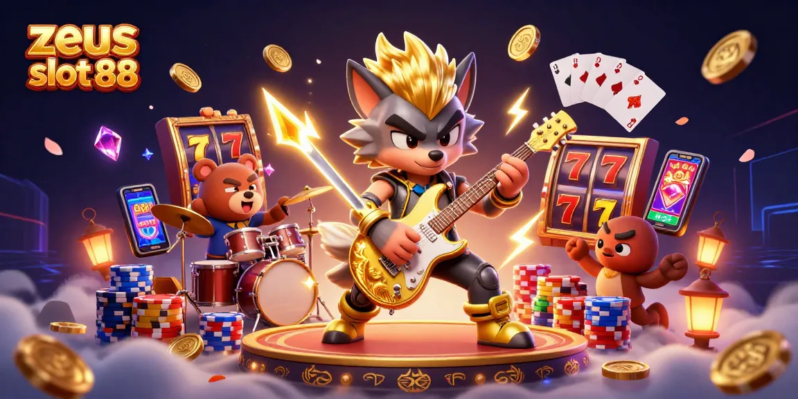 Win big with zeus slot 88 in a vibrant 3D casino illustration featuring action and excitement.