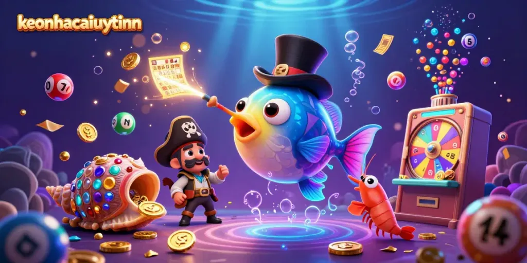Catch golden coins while playing on keonhacaiuytinn, surrounded by colorful lottery elements and unique sea characters.