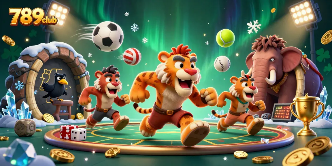 Bet on exciting games at 789club amidst a vibrant prehistoric casino scene with animated characters.