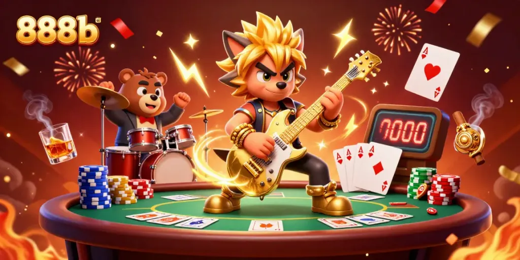 Win big with 888b as a rock star wolf plays guitar on a vibrant casino stage.