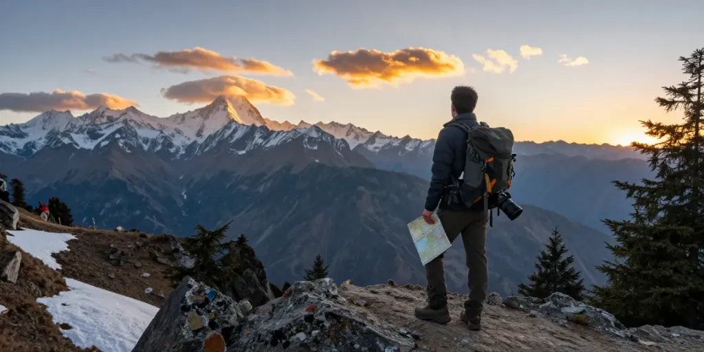 Trekking en el Manaslu Circuit Trek con paisajes montañosos al atardecer.