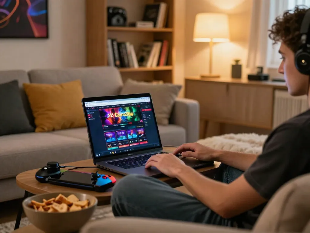 Gamer exploring non GamStop casinos on a laptop in a cozy living room.