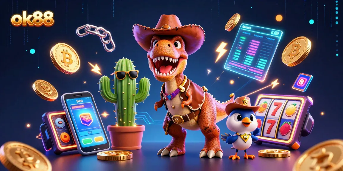 Engage with ok88 as the cartoon dinosaur and sidekicks celebrate vibrant slot games.