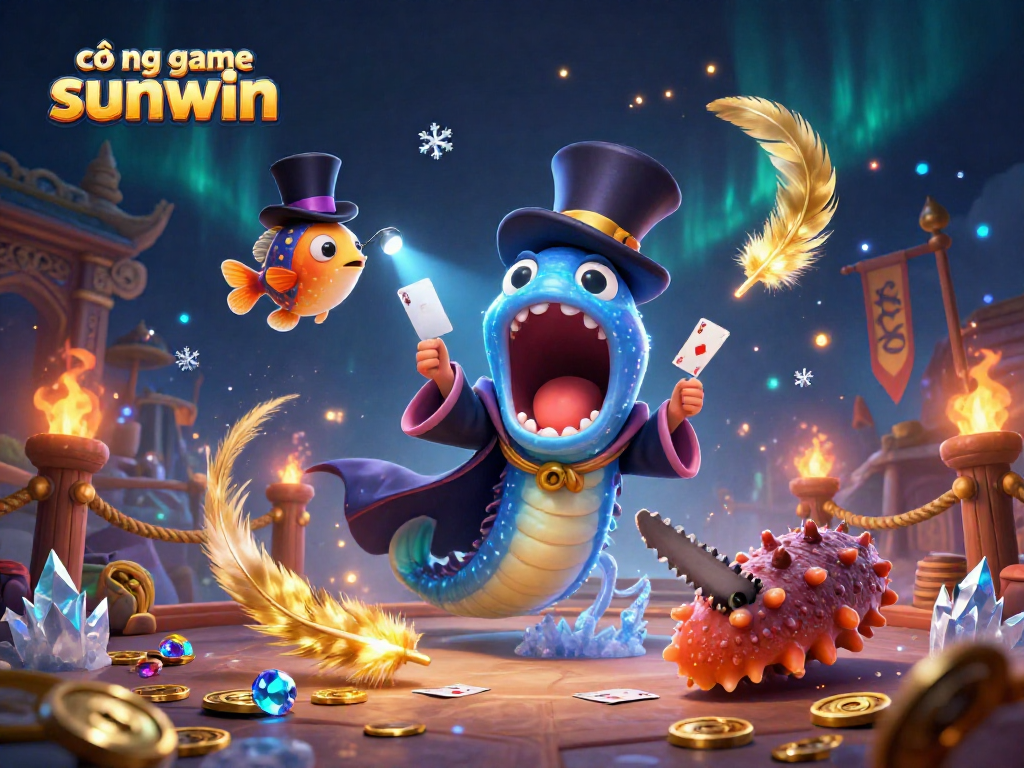 Engage with cổng game sunwin featuring a vibrant 3D sea creature magic show amidst golden coins and dynamic elements.