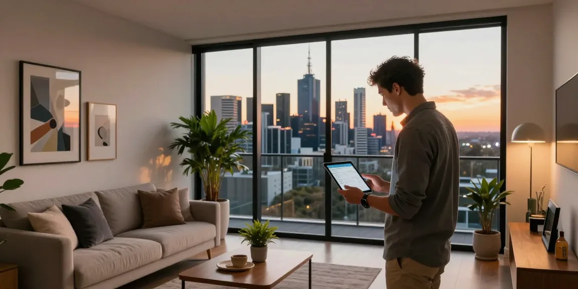 Airbnb management company Melbourne - property owner in stylish apartment checking bookings, showcasing vibrant city backdrop.