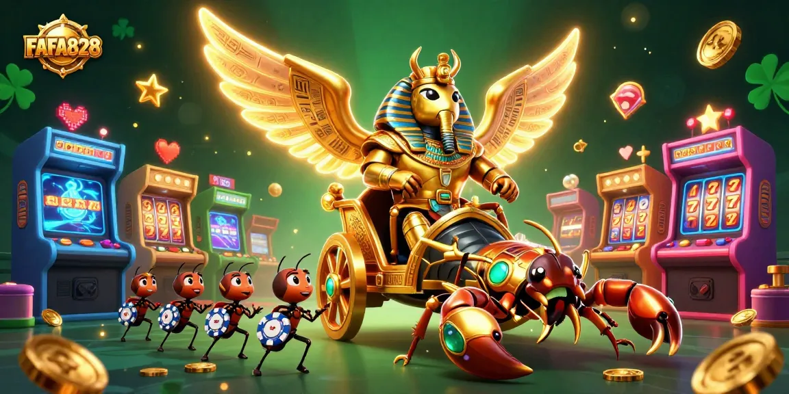 Experience FAFA828 through a vibrant 3D illustration of a colossal scarab and scorpions in a rich casino scene.
